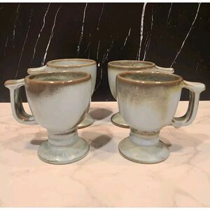 Frankoma Pottery Blue/Green Footed Coffee Tea Mug Set Of 4 MCM 4" x 3.25" EUC